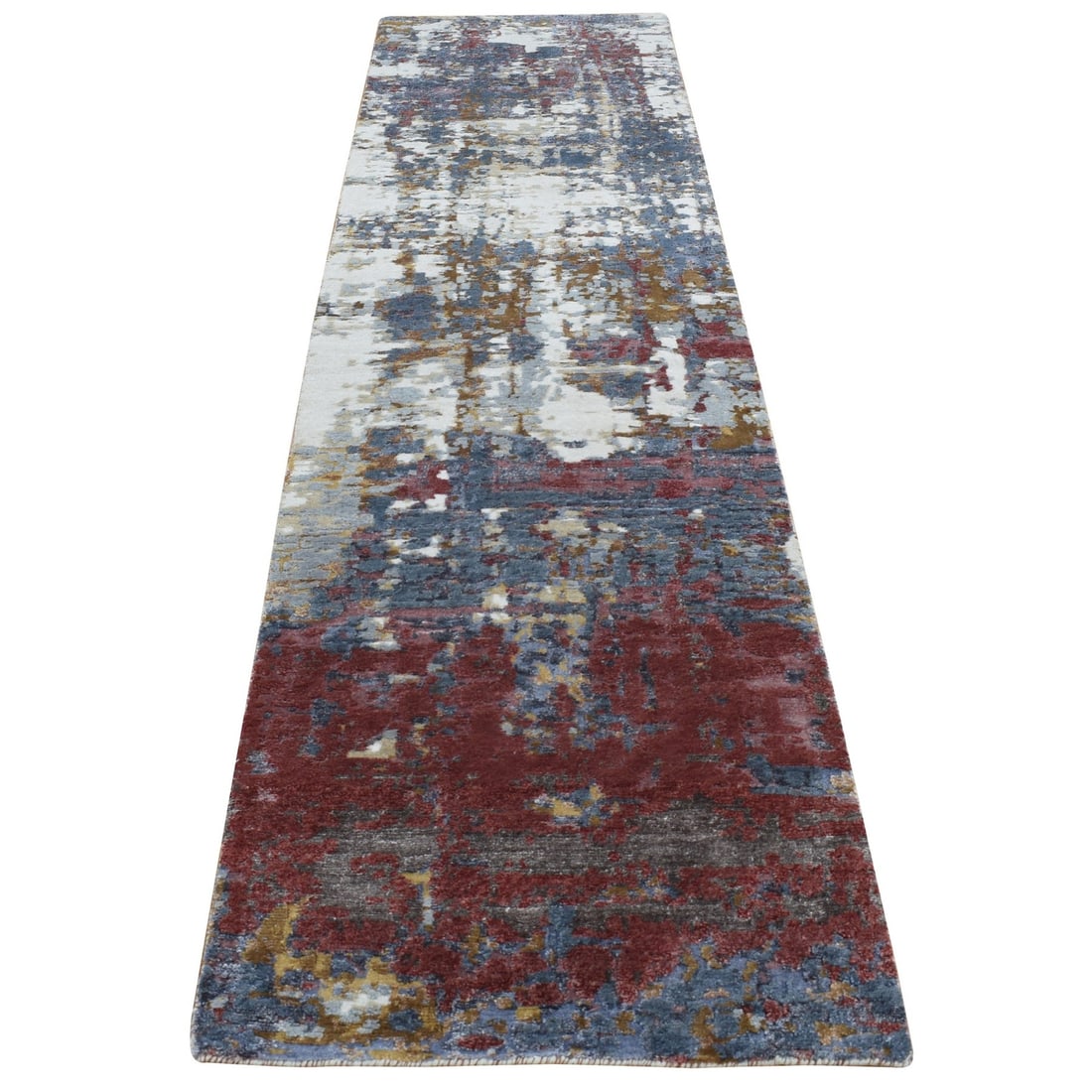 Modern Gray Wool & Silk Hand-Knotted Abstract Runner Rug (2'6"x10'): Modern Gray Wool & Silk Hand-Knotted Abstract Runner Rug (2'6"x10') Experience the rich textures and subtle nuances of India's ancient craftsmanship in this stunning, hand-knotted abstract runner