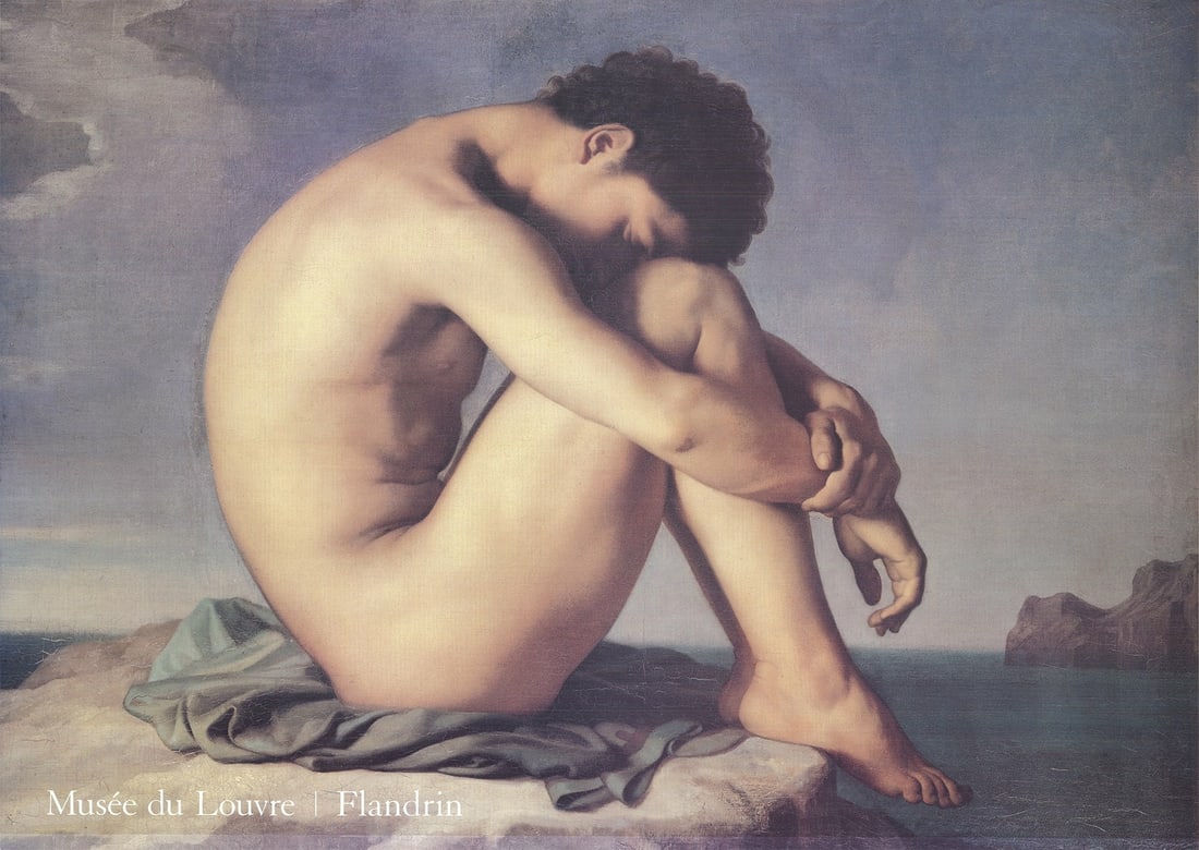 Ro HIPPOLYTE FLANDRIN Portrait by the Sea 38.75" x 54.75" Offset Lithograph 1989: Ro HIPPOLYTE FLANDRIN Portrait by the Sea 38.75" x 54.75" Offset Lithograph 1989 A stunning portrait by French artist Hippolyte Flandrin, captured in 1989, depicts a serene scene by the sea,