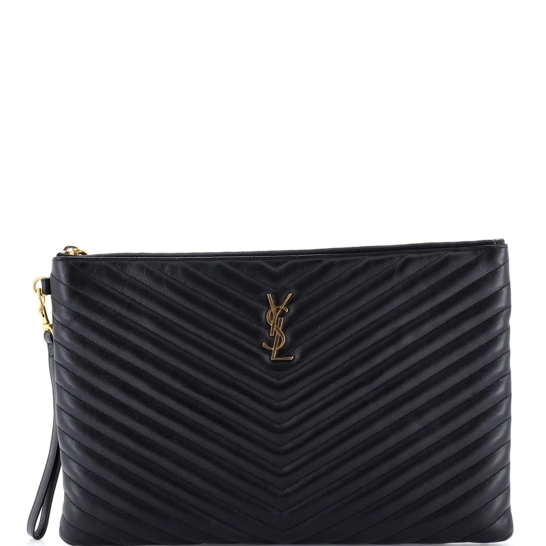 Saint Laurent Large Matelasse Chevron Leather Wristlet Pouch with Monogram: Saint Laurent Large Matelasse Chevron Leather Wristlet Pouch with Monogram Elevate your evening look with the iconic Saint Laurent Large Matelasse Chevron Leather Wristlet Pouch, boasting sleek black