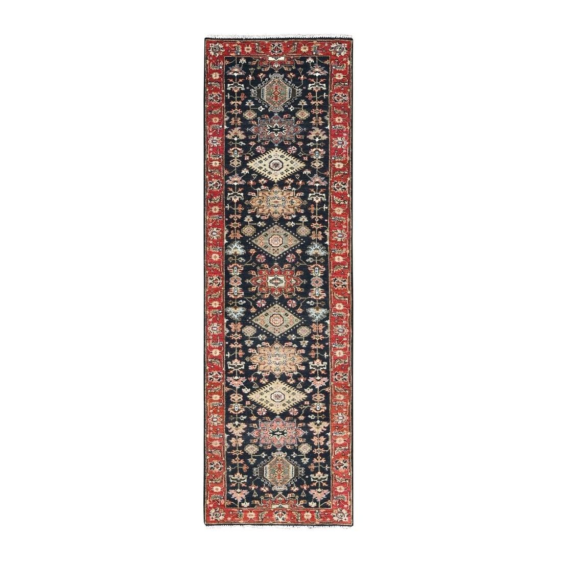 Black Organic Wool Hand-Knotted Karjihooz Design Runner Rug (2'7"x10'1"): Black Organic Wool Hand-Knotted Karjihooz Design Runner Rug (2'7"x10'1") Experience the rich beauty of Indian craftsmanship with this stunning black organic wool hand-knotted Karjihooz design runner