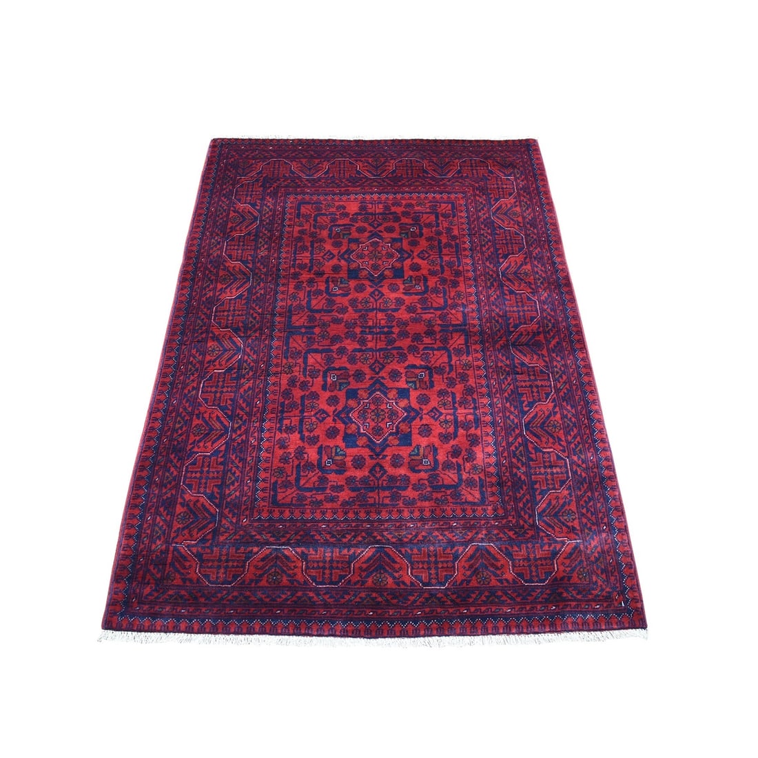 Deep Saturated Red Afghan Khamyab Hand-Knotted Pure Wool Rug (3'3"x4'10"): Deep Saturated Red Afghan Khamyab Hand-Knotted Pure Wool Rug (3'3"x4'10") Experience the rich beauty of traditional Afghan craftsmanship in this stunning hand-knotted pure wool rug, expertly woven
