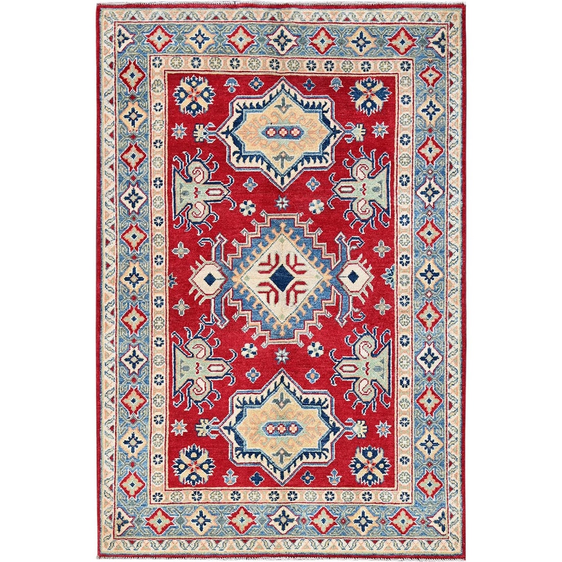 Rug 4'1"x6'1" Red Kazak Geometric Medallions Design Hand Knotted Soft Wool: Rug 4'1"x6'1" Red Kazak Geometric Medallions Design Hand Knotted Soft Wool Experience the vibrant beauty of Afghan craftsmanship with this stunning 4'1"x6'1" Red Kazak Geometric Medallions Design