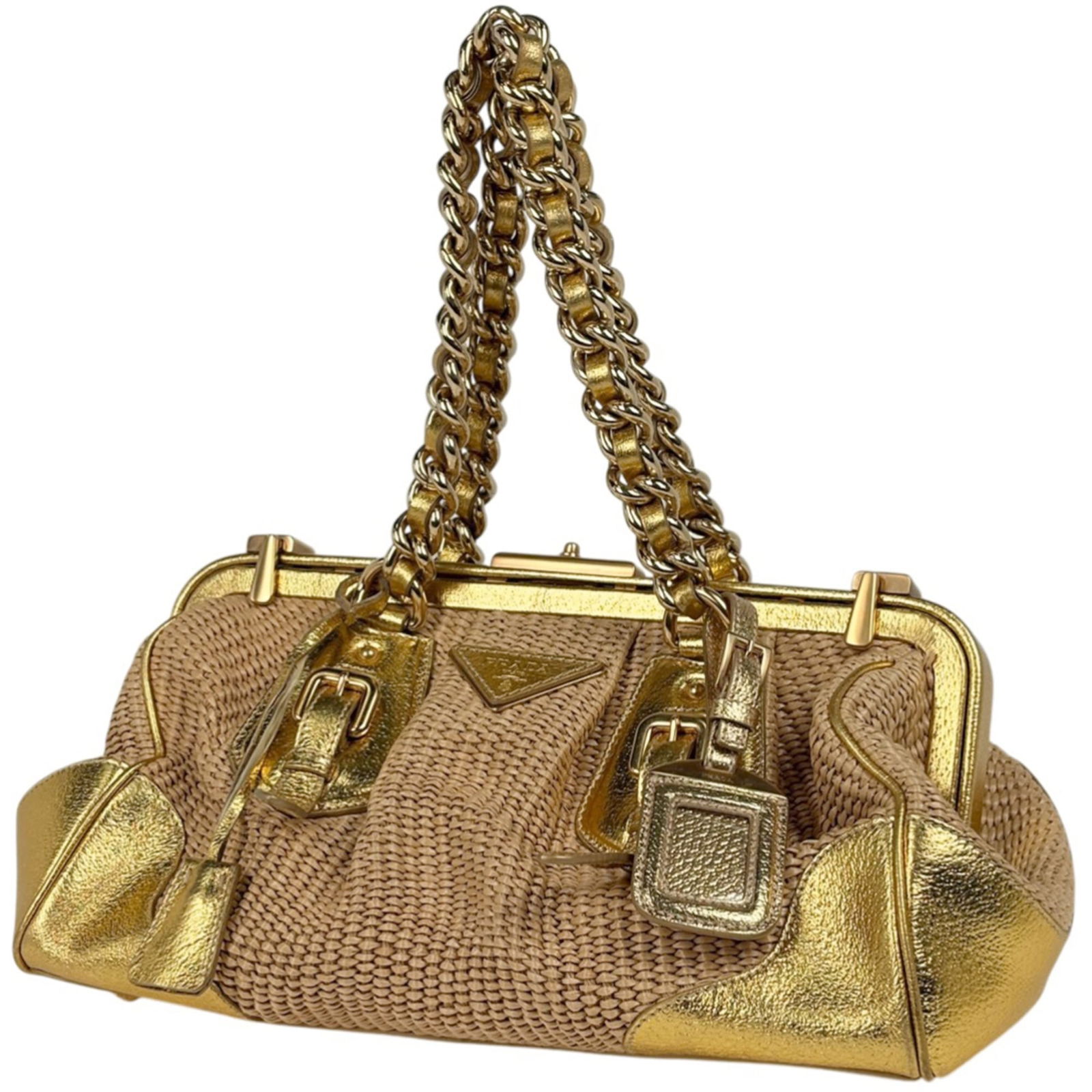 Prada Leather Handbag: Prada Leather Handbag A classic Prada leather handbag in beautiful beige, adorned with gold accents, adds a touch of sophistication to any outfit. With its timeless design and high-quality materials,