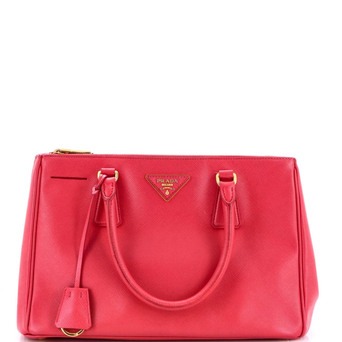 Prada Double Zip Lux Saffiano Leather Small Tote: Prada Double Zip Lux Saffiano Leather Small Tote Experience the epitome of luxury with this stunning Prada Double Zip Lux Saffiano Leather Small Tote, boasting sleek pink exterior and interior hues,