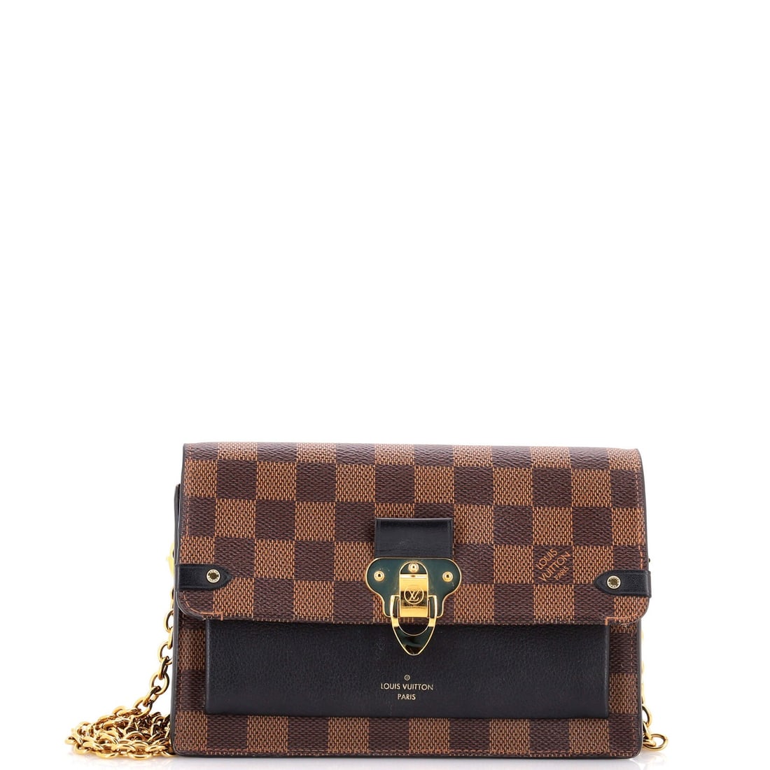Leather Louis Vuitton Vavin Chain Wallet NM Damier with: Leather Louis Vuitton Vavin Chain Wallet NM Damier with A rare find for the Louis Vuitton enthusiast, this Damier-printed Vavin Chain Wallet boasts a unique canvas-coated leather exterior and gold