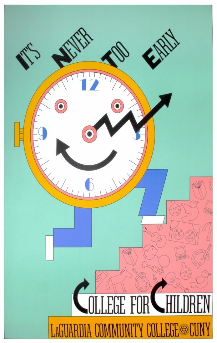 Seymour Chwast College for Children 1987 Pop Art Poster (34" x 24"): Seymour Chwast College for Children 1987 Pop Art Poster (34" x 24") A vibrant 1987 pop art poster by renowned artist Seymour Chwast, the College for Children is a striking example of advertising