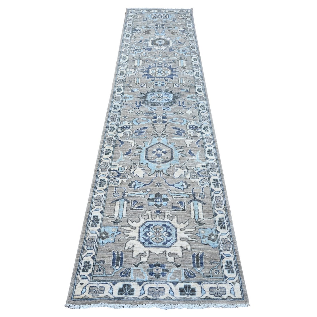 Repose Gray Karajeh Design Hand-Knotted 2'5"x10'8" Oriental Rug: Repose Gray Karajeh Design Hand-Knotted 2'5"x10'8" Oriental Rug Experience the timeless elegance of India's rich cultural heritage with this stunning Repose Gray Karajeh Design Hand-Knotted Oriental