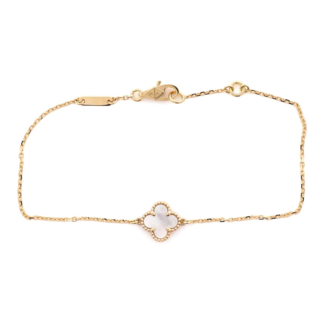 Van Cleef & Arpels Sweet Alhambra 18k Yellow Gold and Mother of Pearl Bracelet: Van Cleef & Arpels Sweet Alhambra 18k Yellow Gold and Mother of Pearl Bracelet Elegant and understated, the Van Cleef & Arpels Sweet Alhambra 18k Yellow Gold and Mother of Pearl bracelet exudes refine