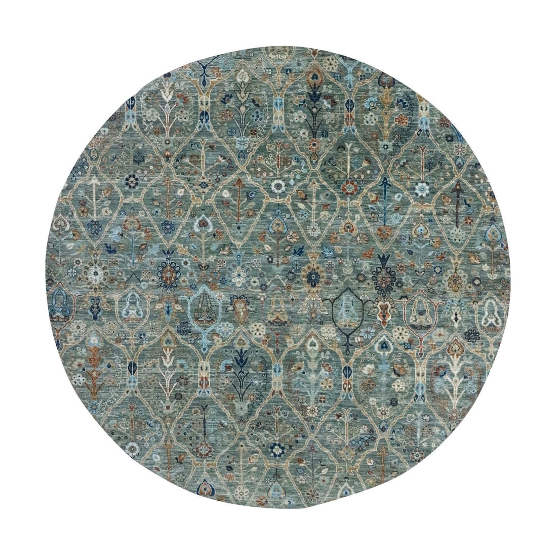 Round Hand Knotted Rug Wool 8'x8' Green Trellis Borderless Garden Design: Round Hand Knotted Rug Wool 8'x8' Green Trellis Borderless Garden Design Experience the timeless beauty of India's Agra region in this stunning, hand-knotted wool rug. With its all-over regional