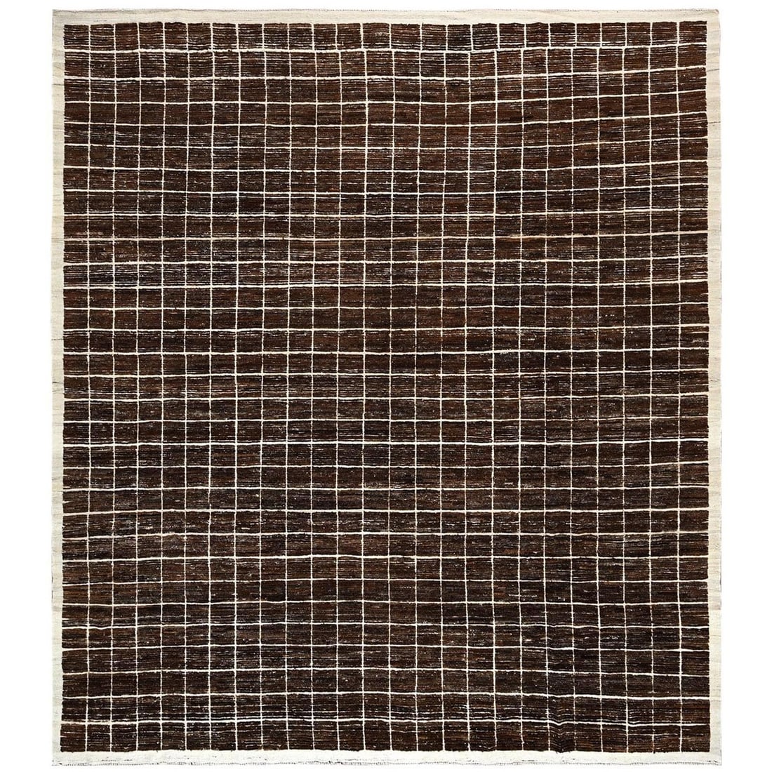 Rug 12'10"x14'6" Brown Moroccan Weave Grid Design Hand Knotted Natural Wool: Rug 12'10"x14'6" Brown Moroccan Weave Grid Design Hand Knotted Natural Wool Experience the rich beauty of traditional Moroccan design in this stunning hand-knotted wool rug, measuring 12'10"x14'6".