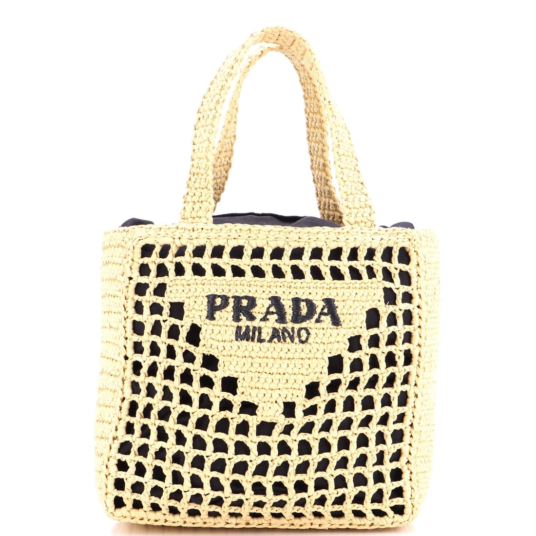 Prada Triangle Logo Raffia Small Open Tote: Prada Triangle Logo Raffia Small Open Tote Experience the effortless elegance of Prada's Triangle Logo Raffia Small Open Tote, crafted from high-quality raffia materials that exude sophistication and
