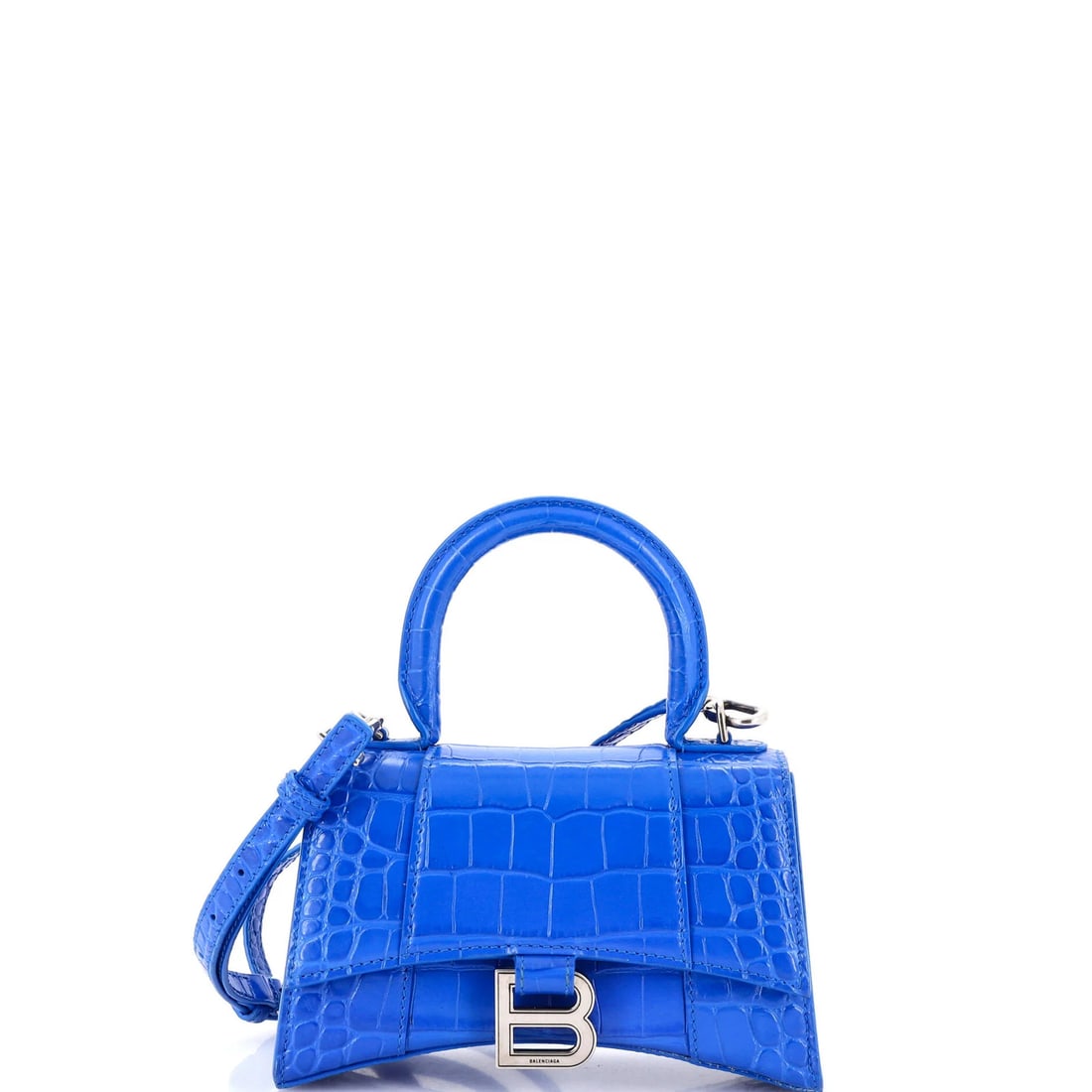 Balenciaga Hourglass Top Handle Bag - Crocodile Embossed Leather, XS: Balenciaga Hourglass Top Handle Bag - Crocodile Embossed Leather, XS Experience the epitome of luxury with this exquisite Balenciaga Hourglass Top Handle Bag, crafted from rich crocodile embossed