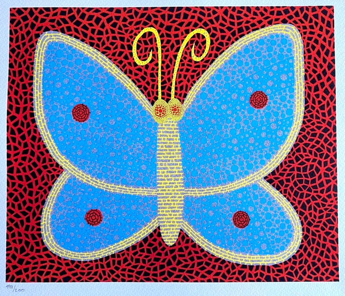 Yayoi Kusama Butterfly Lithograph (Mori Museum Numbered): Yayoi Kusama Butterfly Lithograph (Mori Museum Numbered) Experience the vibrant beauty of Yayoi Kusama's iconic butterfly lithograph, created in 2011 by the Mori Art Museum in collaboration with the