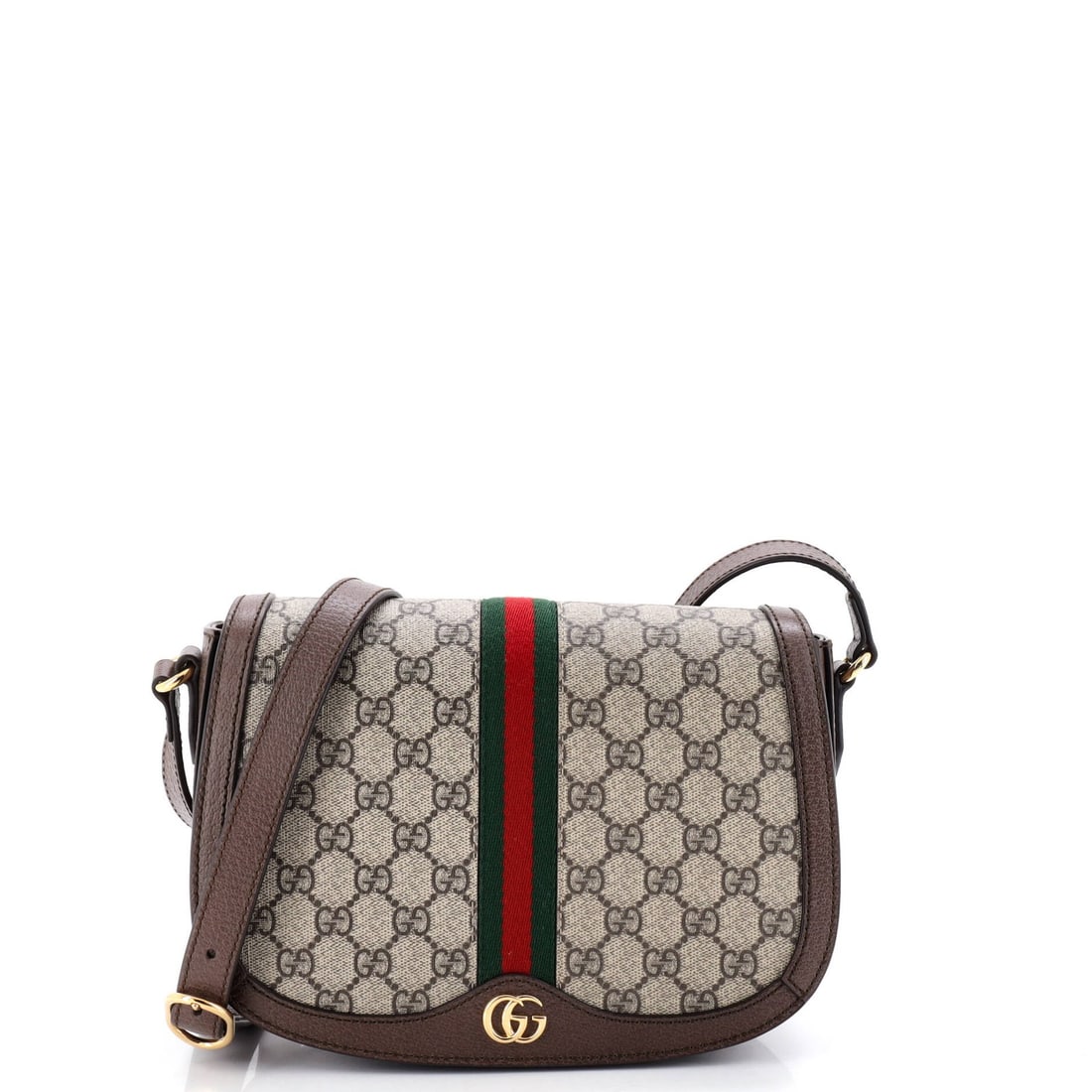 Gucci Ophidia Saddle Flap Small GG Coated Canvas Bag: Gucci Ophidia Saddle Flap Small GG Coated Canvas Bag Elevate your everyday style with the iconic Gucci Ophidia Saddle Flap Small GG Coated Canvas Bag, boasting sleek brown leather exterior and