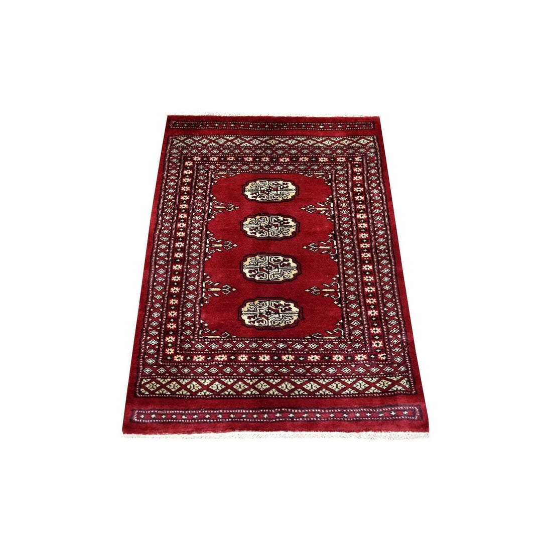 Deep Red Pure Wool Oriental Rug, 2'6"x3'9" Hand Knotted Mori Bokara: Deep Red Pure Wool Oriental Rug, 2'6"x3'9" Hand Knotted Mori Bokara Experience the rich beauty of traditional Afghan craftsmanship with this stunning Deep Red Pure Wool Oriental Rug, hand-knotted to