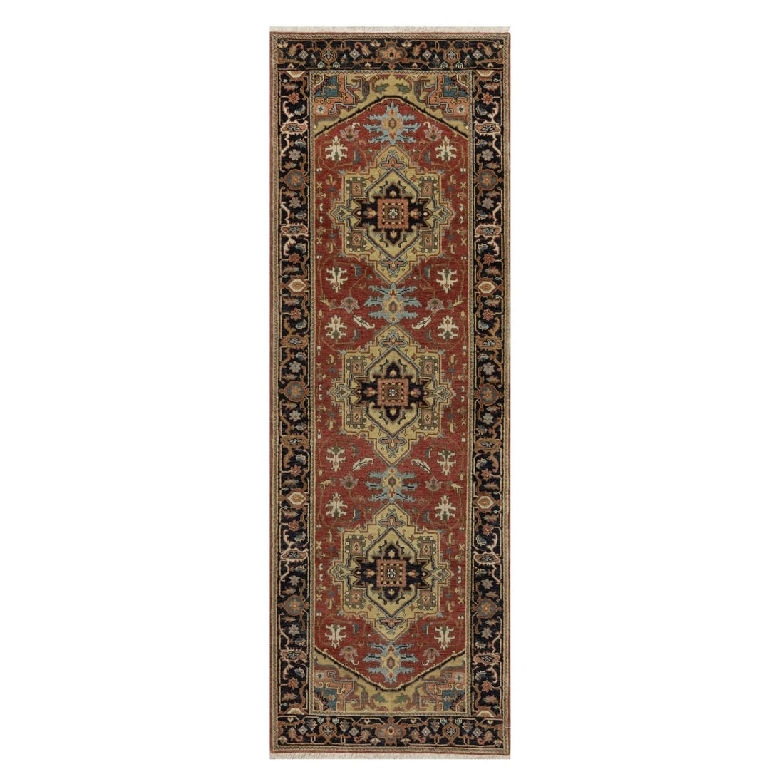 Rug 2'7"x8' Chili Red Heris Revival New Zealand Wool Hand Knotted Runner: Rug 2'7"x8' Chili Red Heris Revival New Zealand Wool Hand Knotted Runner Experience the rich warmth and elegance of India's Heris Revival style in this stunning chili red wool hand-knotted runner,