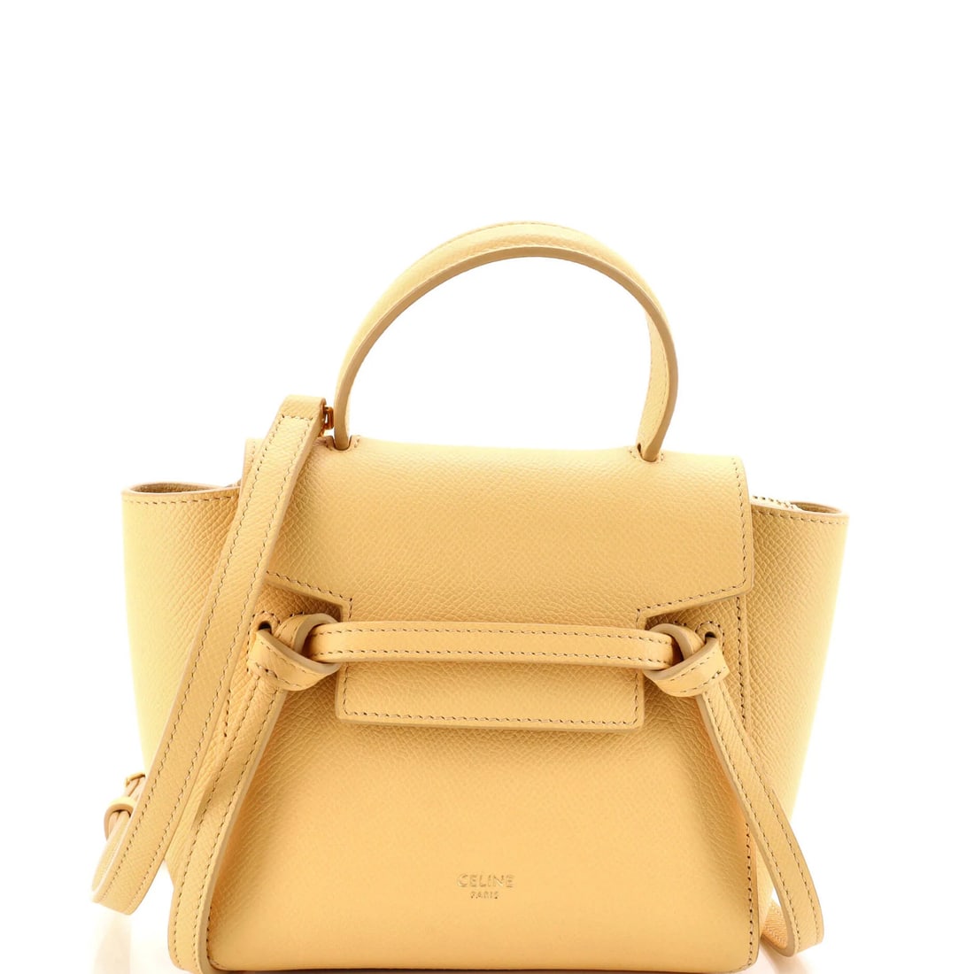 Celine Textured Leather Pico Belt Bag: Celine Textured Leather Pico Belt Bag Elevate your everyday style with the Celine Textured Leather Pico Belt Bag, boasting a vibrant yellow exterior and sleek, textured leather design that adds depth