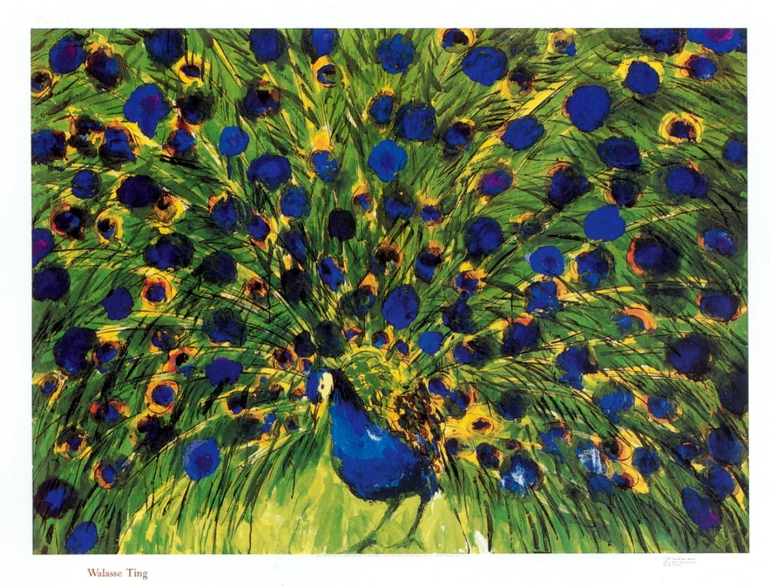 Feathers WALASSE TING Peacock 45" x 57.75" Poster 1985 Contemporary: Feathers WALASSE TING Peacock 45" x 57.75" Poster 1985 Contemporary A vibrant and iconic Peacock poster by French artist Walasse Ting, created in 1985, showcases the artist's signature style with
