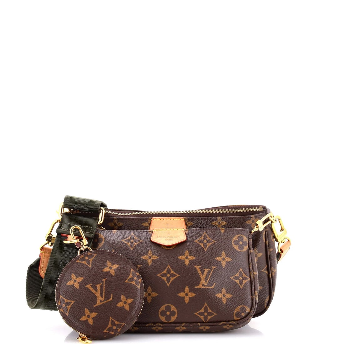 Canvas Louis Vuitton Multi Pochette Accessoires Monogram: Canvas Louis Vuitton Multi Pochette Accessoires Monogram A rare and stylish find, this Louis Vuitton Multi Pochette Accessoires Monogram canvas bag boasts the iconic monogram pattern in both green