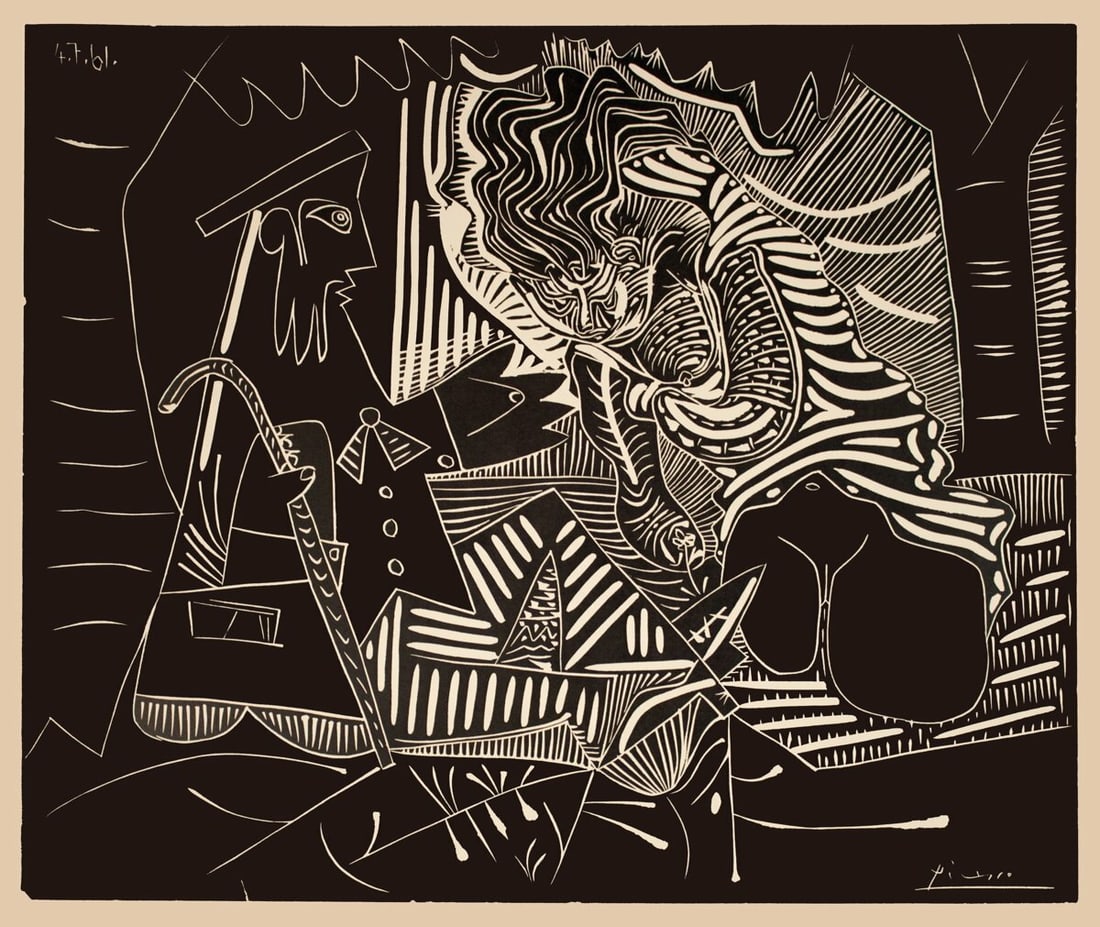 W PABLO PICASSO Luncheon on the Grass 23" x 27.25" Lithograph 1972 Cubism Brown: W PABLO PICASSO Luncheon on the Grass 23" x 27.25" Lithograph 1972 Cubism Brown Experience the vibrant Cubist style of Pablo Picasso in his iconic 1972 lithograph, Luncheon on the Grass. Measuring 23