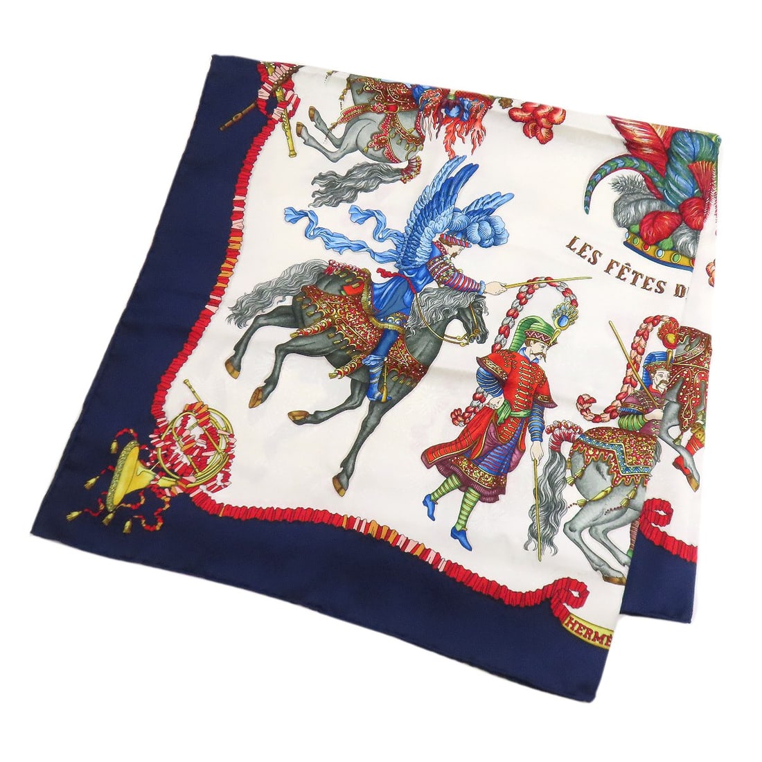 Hermes Carre 90 Celebration of the King of the Sun Silk Scarf: Hermes Carre 90 Celebration of the King of the Sun Silk Scarf Experience the elegance of Herm?s with the Carre 90 Celebration of the King of the Sun Silk Scarf, a stunning navy and white silk creation