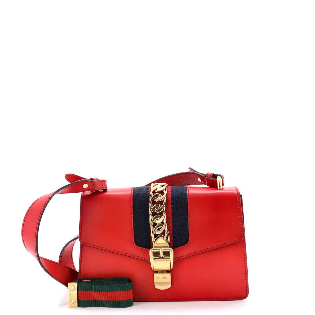 Gucci Sylvie Small Leather Shoulder Bag: Gucci Sylvie Small Leather Shoulder Bag Elevate your style with the iconic Gucci Sylvie Small Leather Shoulder Bag, boasting sleek red leather exterior and gold hardware. This luxurious shoulder bag i