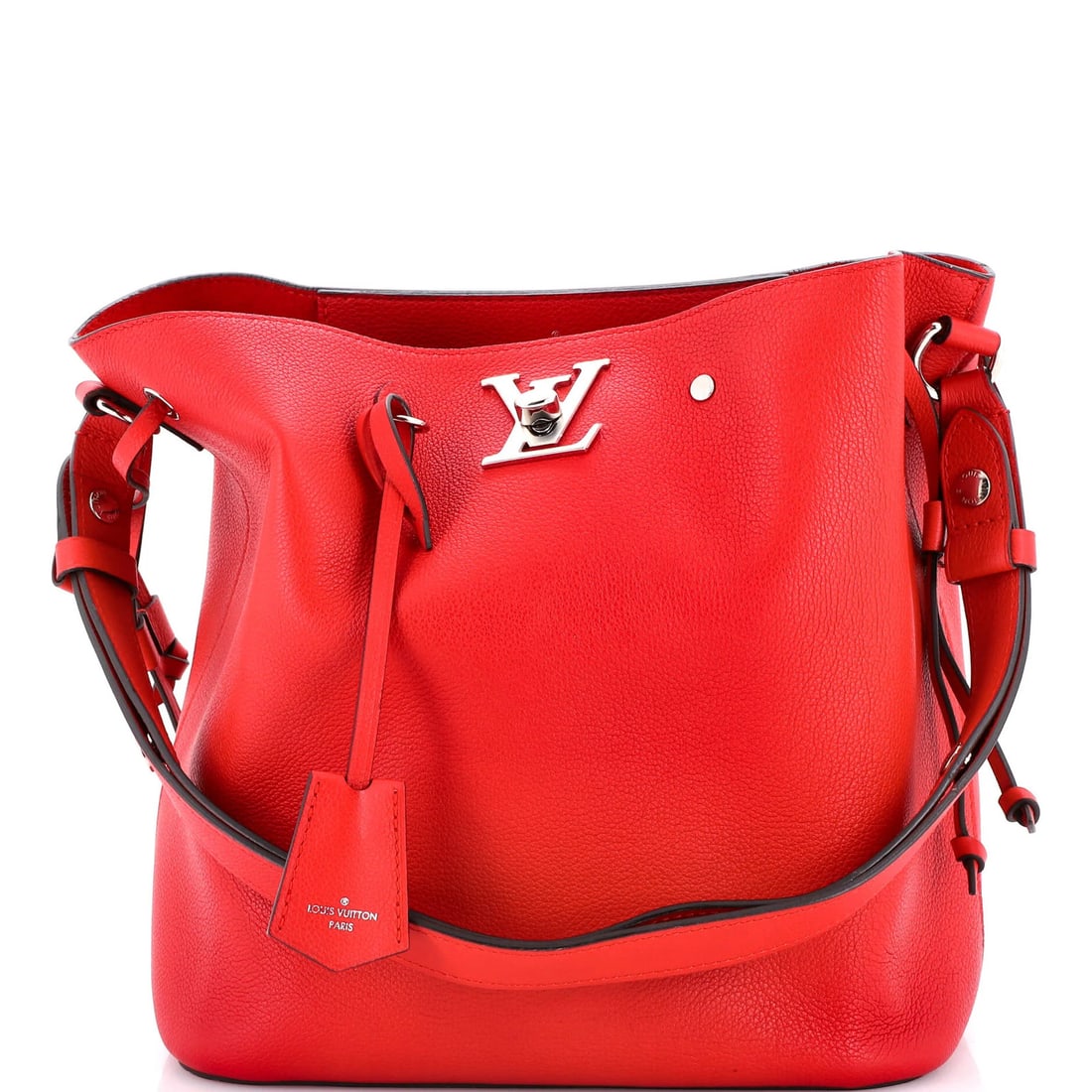 Louis Vuitton Lockme Bucket Bag in Leather: Louis Vuitton Lockme Bucket Bag in Leather A stunning Louis Vuitton Lockme Bucket Bag in rich red leather, boasting the iconic brand's signature style and craftsmanship. With its sleek design and spac