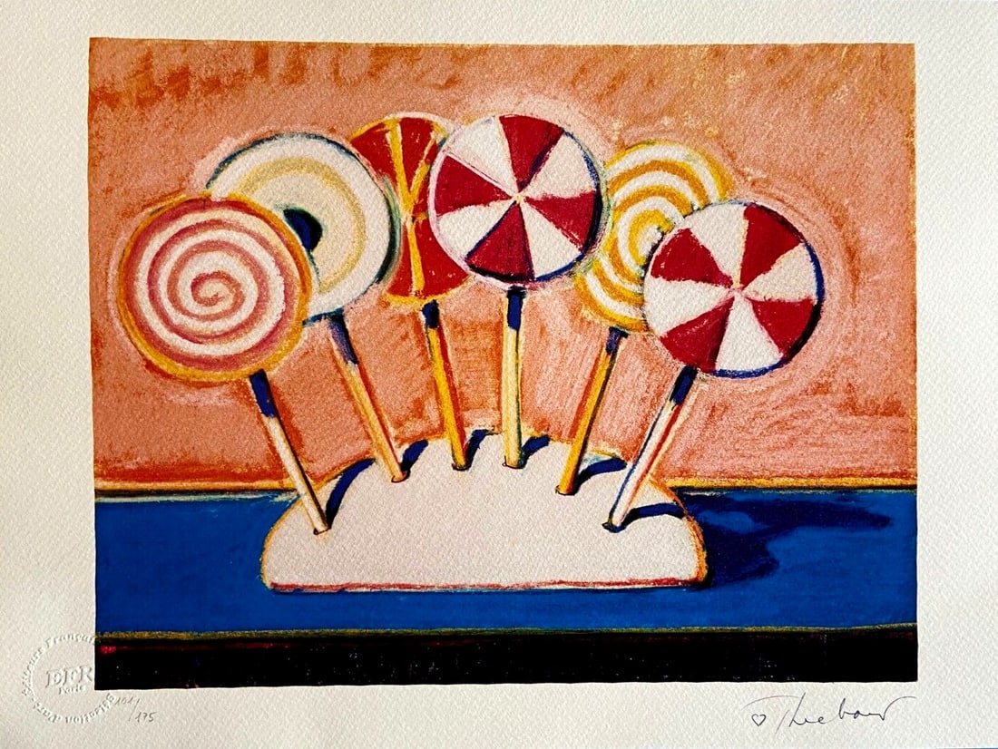 Numbered Wayne Thiebaud Lithograph: Numbered Wayne Thiebaud Lithograph A rare opportunity to own a numbered lithograph by the renowned American artist Wayne Thiebaud, featuring his signature style of colorful sweets and treats. Printed