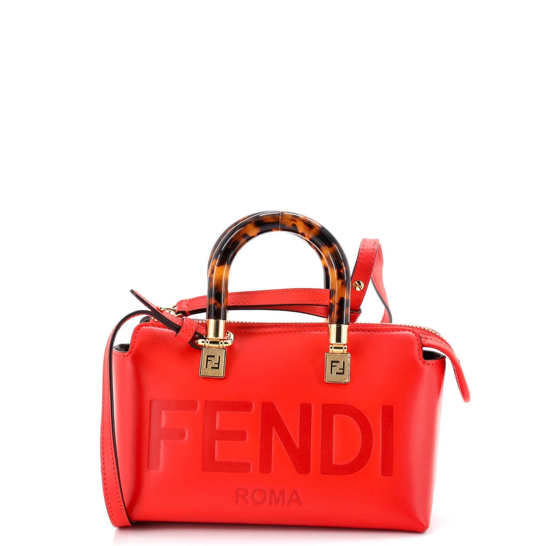 Fendi Logo By The Way Mini Embossed Leather Top Handle Bag: Fendi Logo By The Way Mini Embossed Leather Top Handle Bag Elevate your style with the iconic Fendi Logo By The Way Mini Embossed Leather Top Handle Bag, boasting sleek red exterior and rich brown