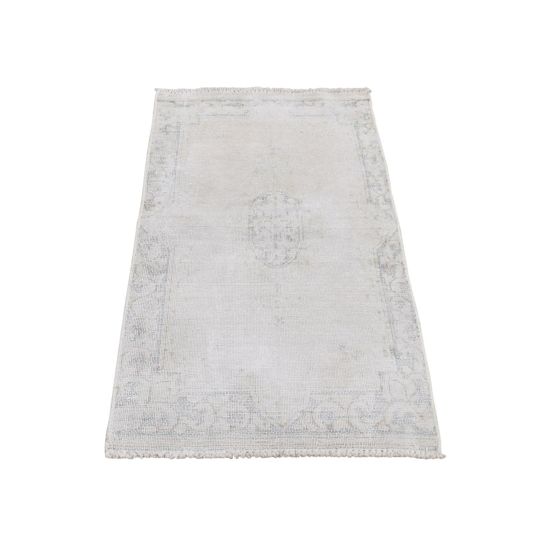 Vintage White Zoroastrian Karman Hand-Knotted Wool Mat Rug (1'7"x3'7"): Vintage White Zoroastrian Karman Hand-Knotted Wool Mat Rug (1'7"x3'7") Experience the timeless beauty of traditional Turkish craftsmanship with this stunning vintage white Zoroastrian Karman
