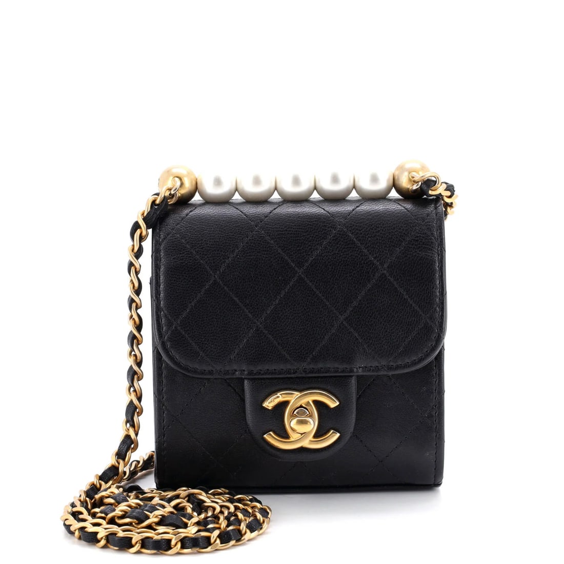 Mini Chanel Chic Pearls Flap Clutch with Chain Quilted Goatskin: Mini Chanel Chic Pearls Flap Clutch with Chain Quilted Goatskin Elevate your evening look with the iconic Mini Chanel Chic Pearls Flap Clutch, boasting a chic quilted design and chain strap that adds