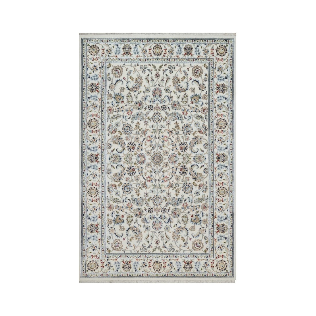 Rug 6'x9'3" Ivory Wool & Silk Nain All Over Design Hand Knotted Oriental: Rug 6'x9'3" Ivory Wool & Silk Nain All Over Design Hand Knotted Oriental Experience the timeless elegance of India's rich cultural heritage with this exquisite 6'x9'3" hand-knotted Nain rug, expertly