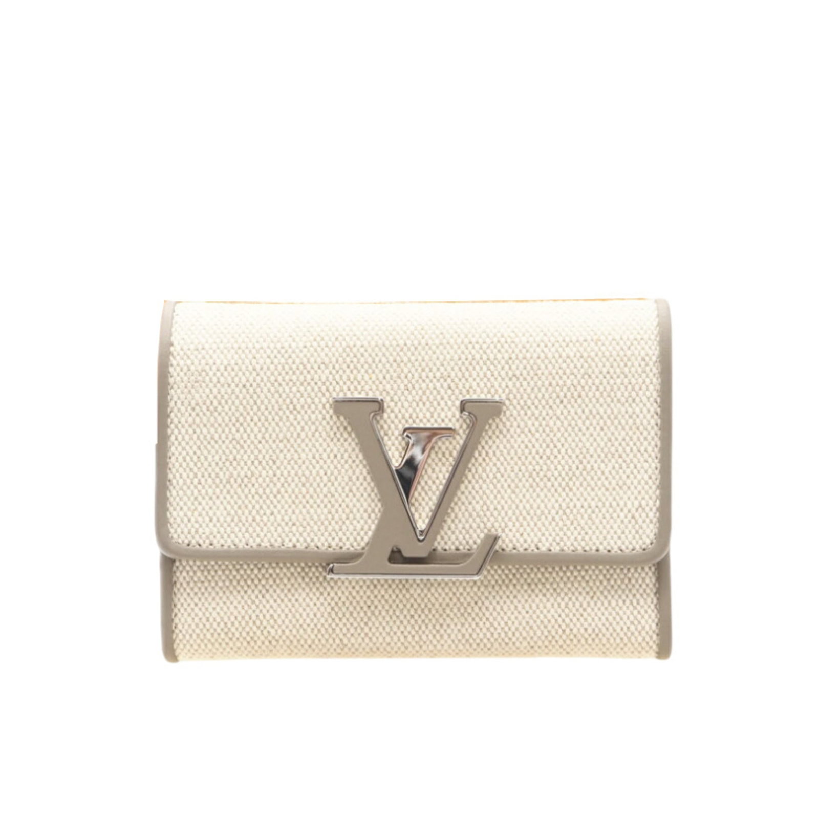 Louis Vuitton Tri-Fold Canvas Wallet: Louis Vuitton Tri-Fold Canvas Wallet A timeless piece from the iconic Louis Vuitton brand, this tri-fold canvas wallet boasts a classic design with clean lines and a chic beige hue. With its sturdy