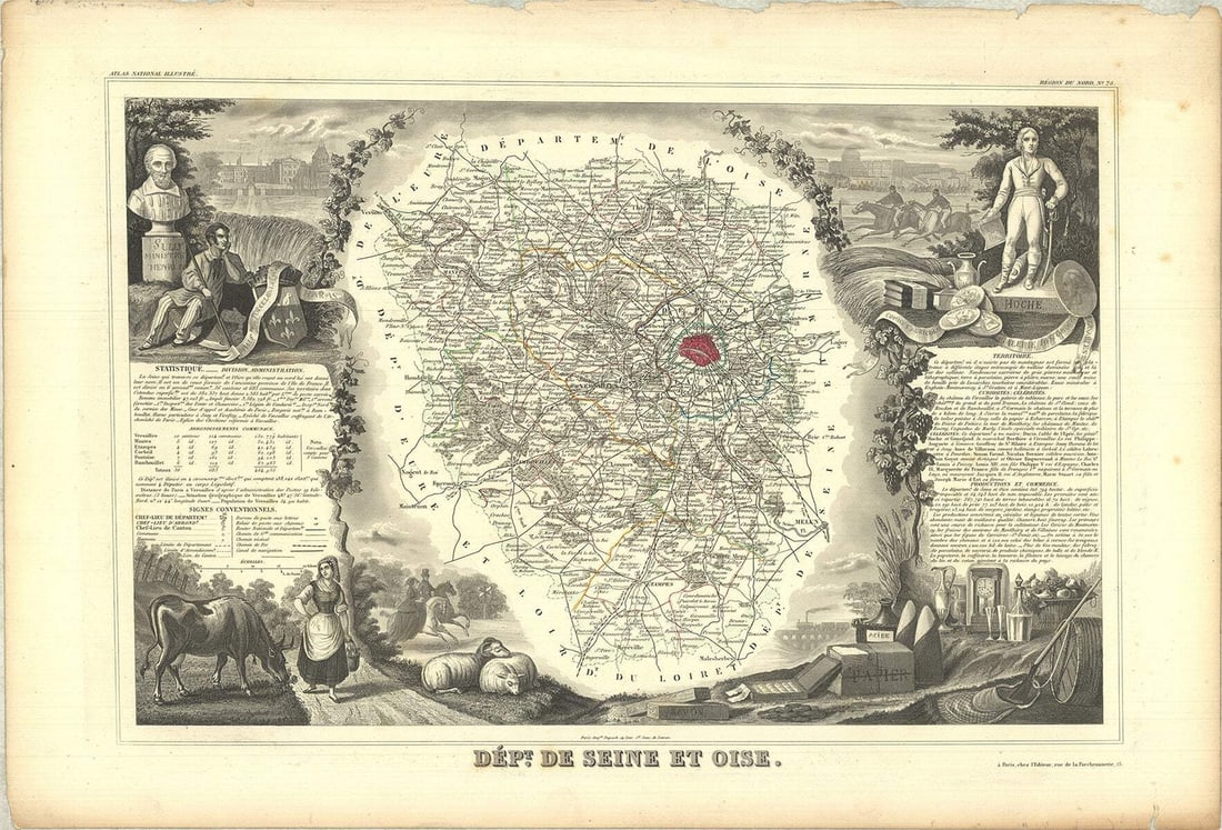 Other VICTOR LEVASSEUR Department of Seine and Oise 14" x 21" Lithograph 1846: Other VICTOR LEVASSEUR Department of Seine and Oise 14" x 21" Lithograph 1846 Experience the elegance of 19th-century France with this stunning lithograph, "Department of Seine and Oise", created by