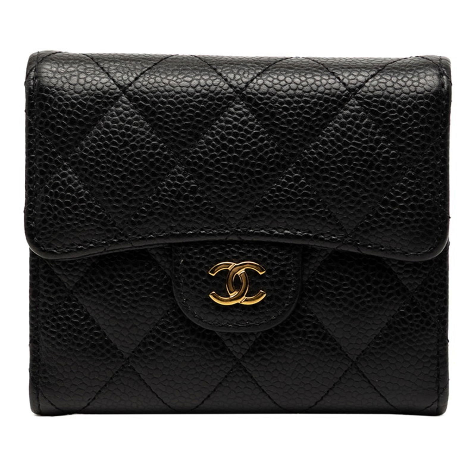 Calfskin Chanel Wallet (Tri-Fold) Grained: Calfskin Chanel Wallet (Tri-Fold) Grained A classic Chanel tri-fold wallet in rich, black grained calfskin, perfect for adding a touch of timeless elegance to your daily essentials. With its sleek