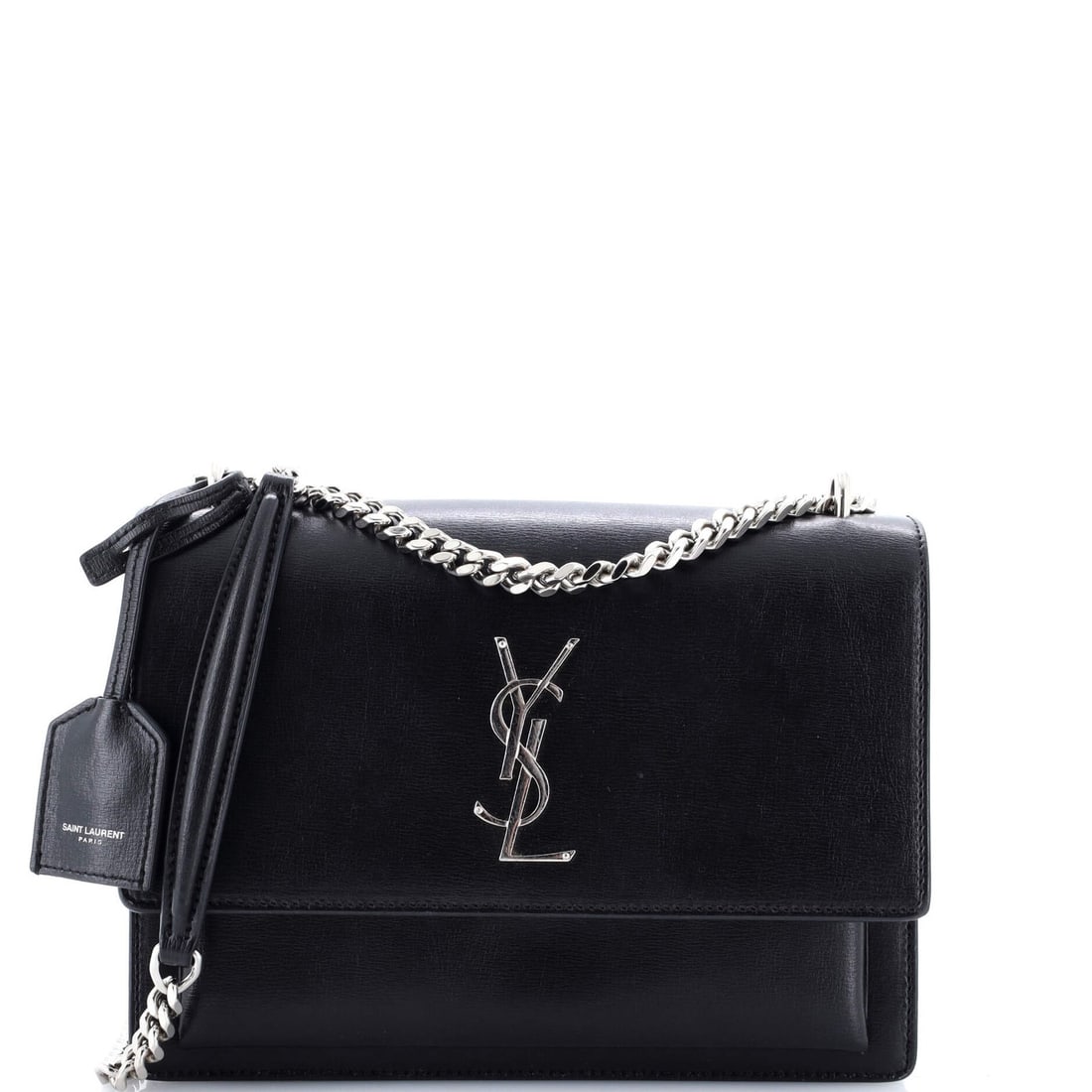 Large Saint Laurent Sunset Crossbody Bag Leather: Large Saint Laurent Sunset Crossbody Bag Leather Experience the timeless elegance of Saint Laurent's iconic Sunset Crossbody Bag, crafted from rich black leather that develops a beautiful patina over