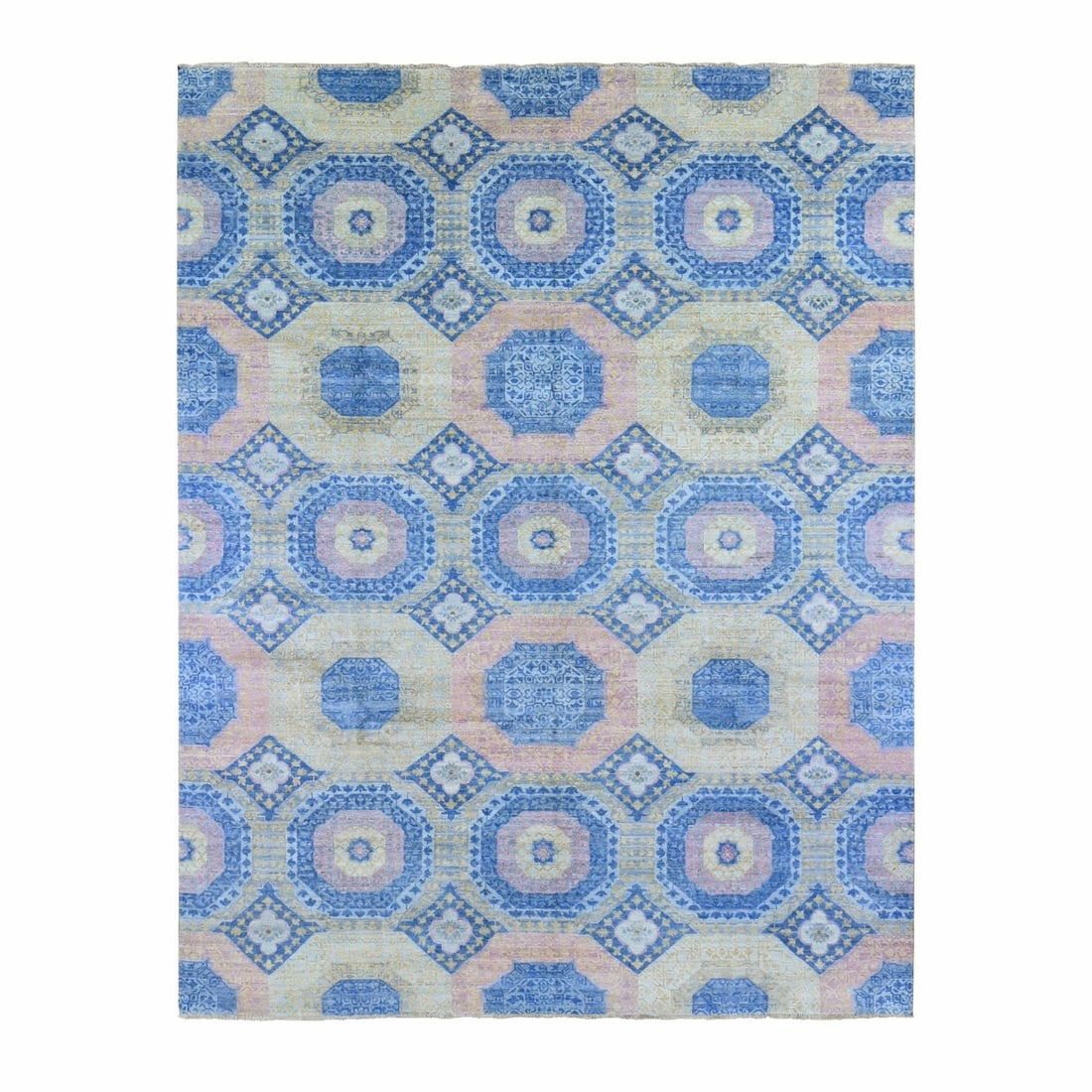 Rug 9'x11'8" Blue Mamluk Repetitive Design with Pastels Hand Knotted Wool: Rug 9'x11'8" Blue Mamluk Repetitive Design with Pastels Hand Knotted Wool Experience the rich cultural heritage of Afghanistan in this stunning 9'x11'8" blue Mamluk repetitive design hand-knotted