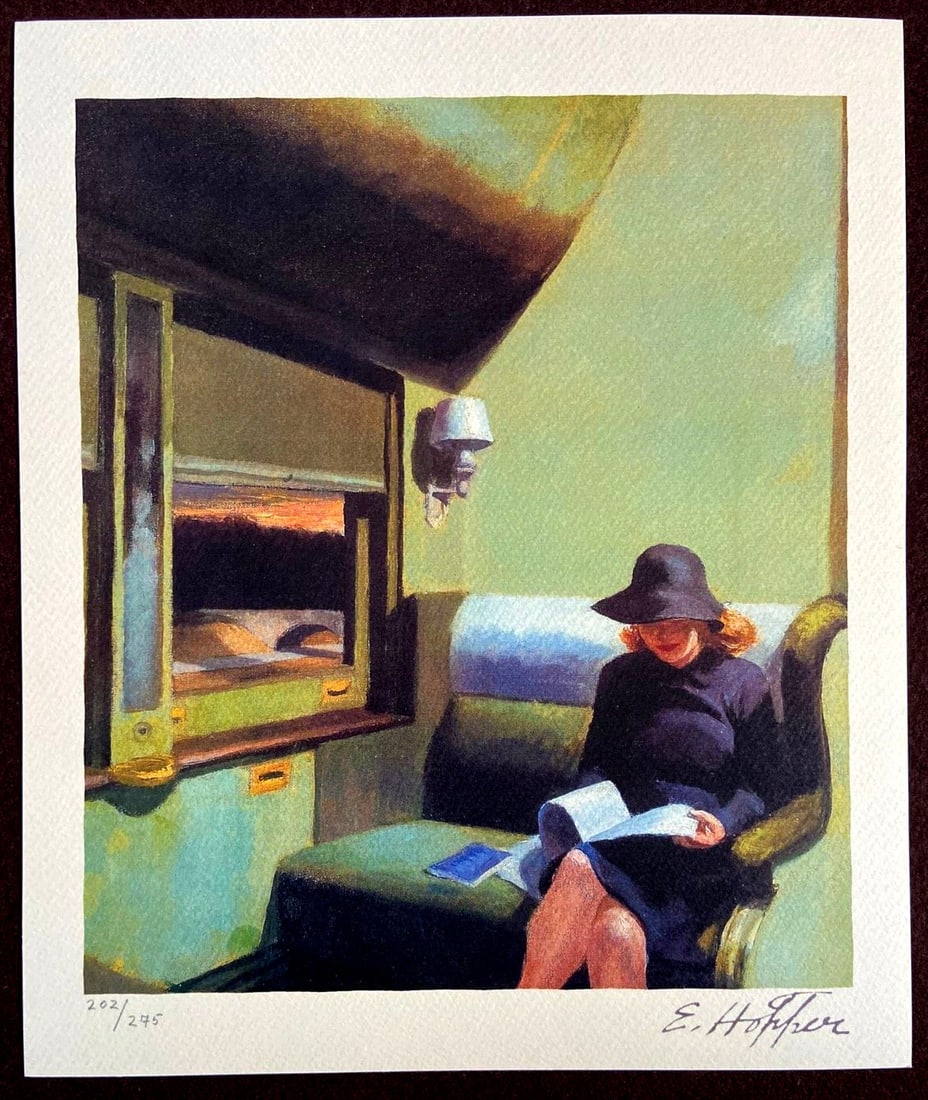 Numbered Limited - Edward Hopper Lithograph: Numbered Limited - Edward Hopper Lithograph Experience the iconic style of Edward Hopper with this rare 1986 lithograph, "Girl Reading on the Train", featuring his signature blend of realism and melan