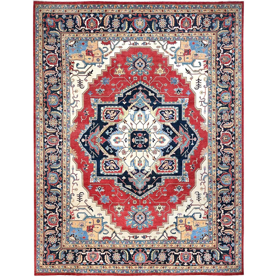 Rug 12'1"x15'9" Red Hand Knotted Wool Heris Seeripe Geometric Oversized: Rug 12'1"x15'9" Red Hand Knotted Wool Heris Seeripe Geometric Oversized Experience the rich beauty of traditional Afghan craftsmanship with this stunning 12'1"x15'9" Red Hand Knotted Wool Heris