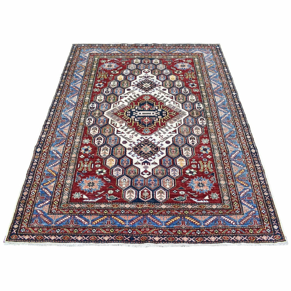 Rug 5'x6'5" Ivory Hand Knotted Soft Velvety Wool Super Kazak: Rug 5'x6'5" Ivory Hand Knotted Soft Velvety Wool Super Kazak Experience the rich beauty of traditional Afghan craftsmanship in this stunning 5'x6'5" Ivory Hand Knotted Super Kazak rug, expertly woven