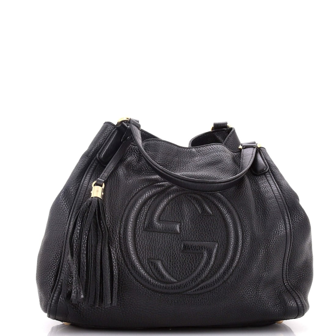 Gucci Soho Medium Leather Shoulder Bag: Gucci Soho Medium Leather Shoulder Bag Experience the timeless elegance of Gucci's Soho Medium Leather Shoulder Bag, boasting sleek black leather exterior and neutral interior, adorned with gold tone
