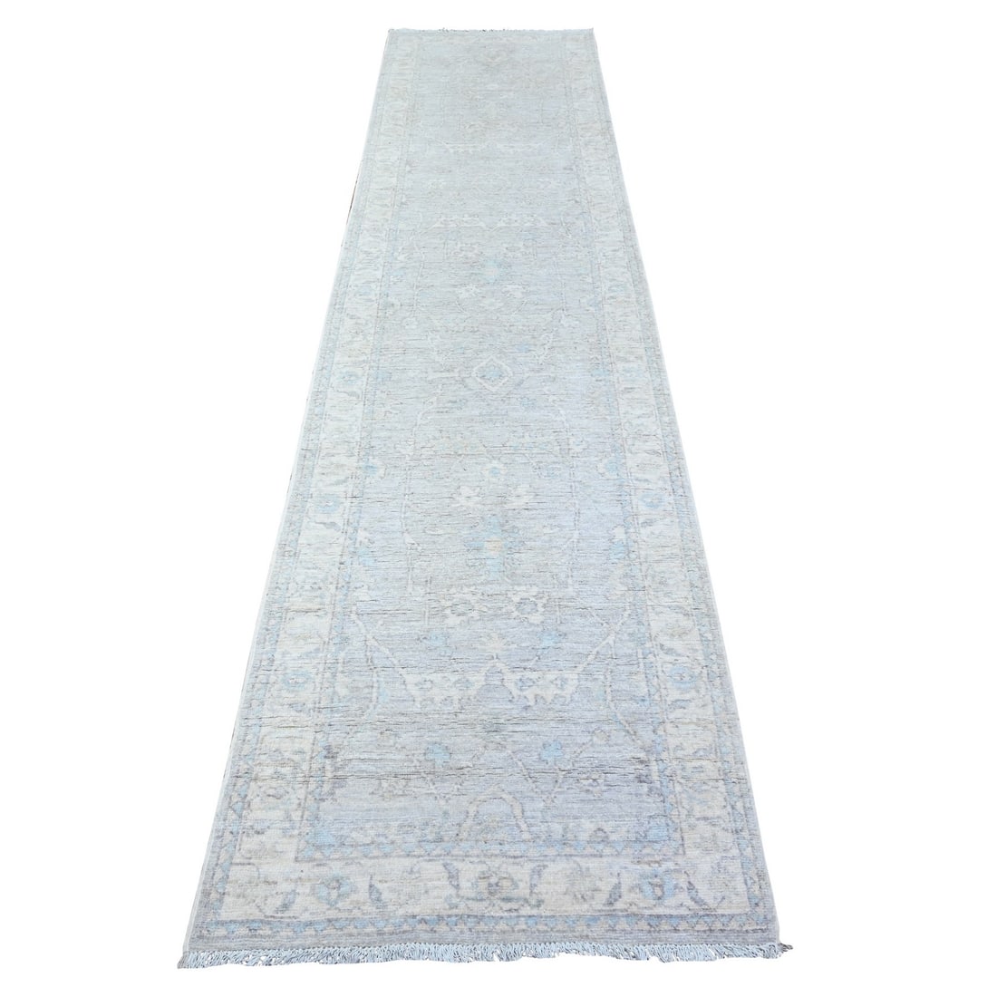 Rug 2'8"x11'6" Gray Natural Wool White Wash Peshawar Hand Knotted Runner: Rug 2'8"x11'6" Gray Natural Wool White Wash Peshawar Hand Knotted Runner Experience the timeless beauty of traditional Afghan craftsmanship with this stunning Peshawar hand-knotted wool runner,