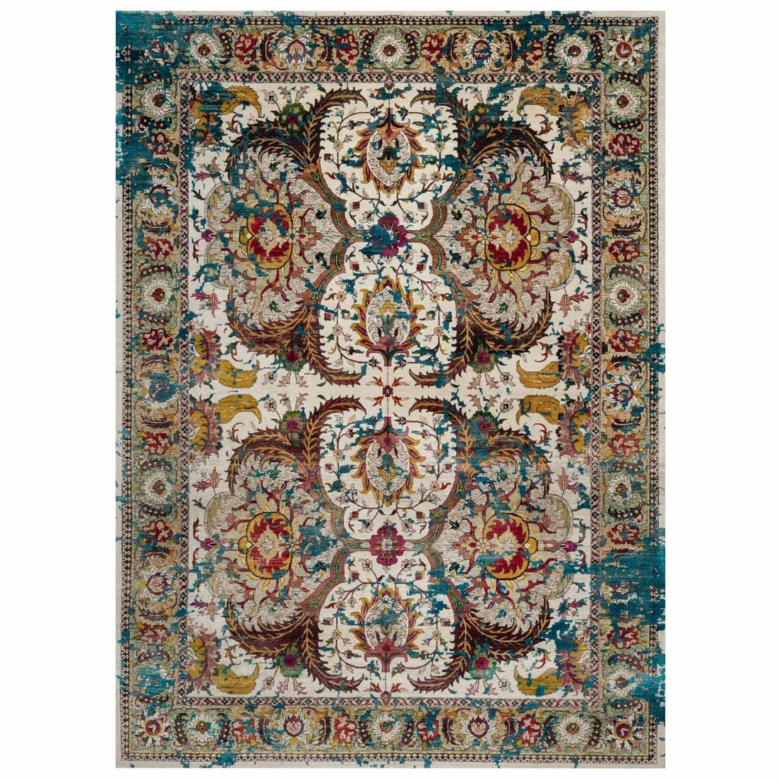 Rug 10'x14' Ivory Colorful Polonaise Broken Design Wool-Silk Hand Knotted: Rug 10'x14' Ivory Colorful Polonaise Broken Design Wool-Silk Hand Knotted Experience the timeless elegance of India's rich cultural heritage with this exquisite 10'x14' hand-knotted rug, expertly