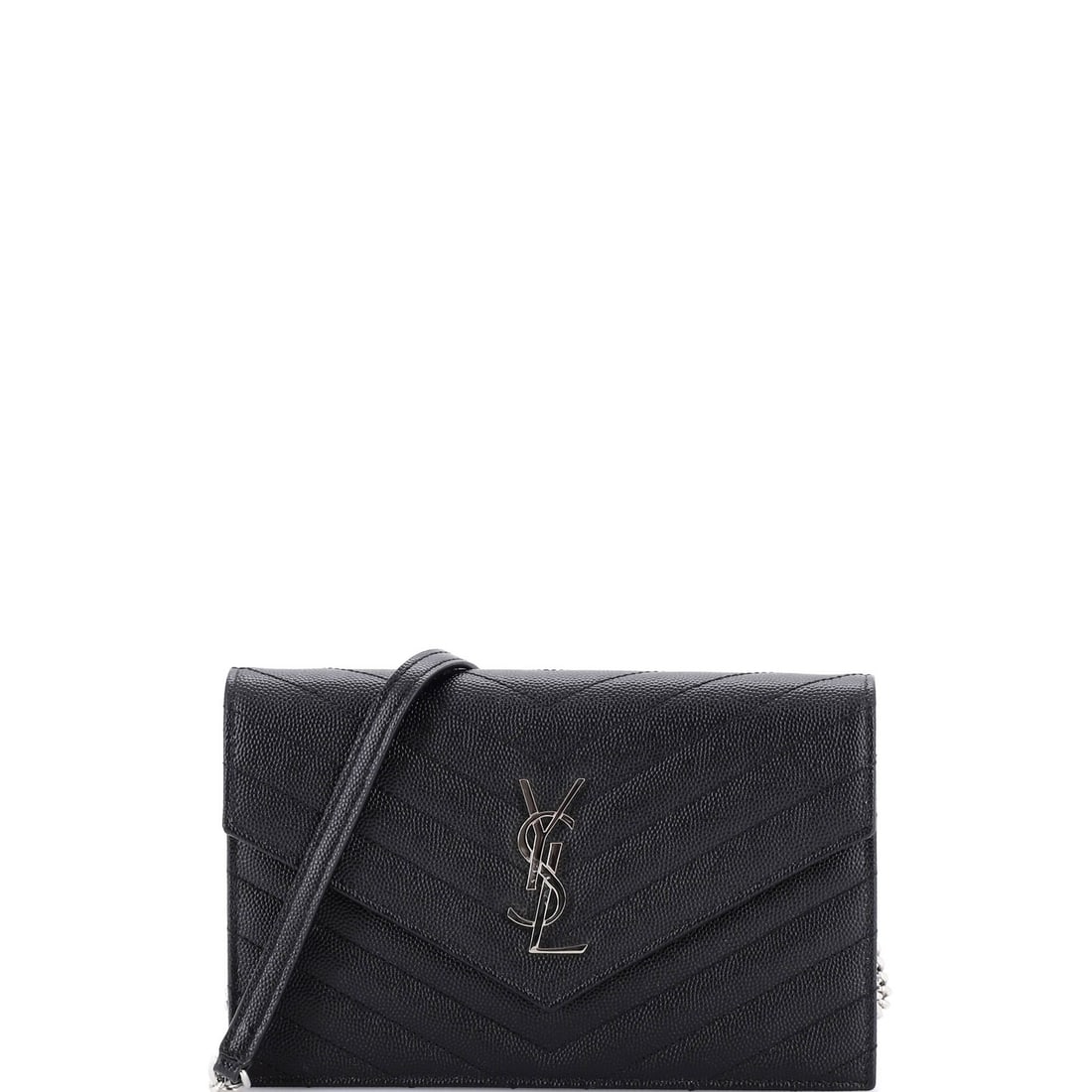 Saint Laurent Classic Monogram Wallet with Matelasse Chevron Leather and Chain: Saint Laurent Classic Monogram Wallet with Matelasse Chevron Leather and Chain Elevate your everyday style with the iconic Saint Laurent Classic Monogram Wallet, crafted from luxurious matelasse