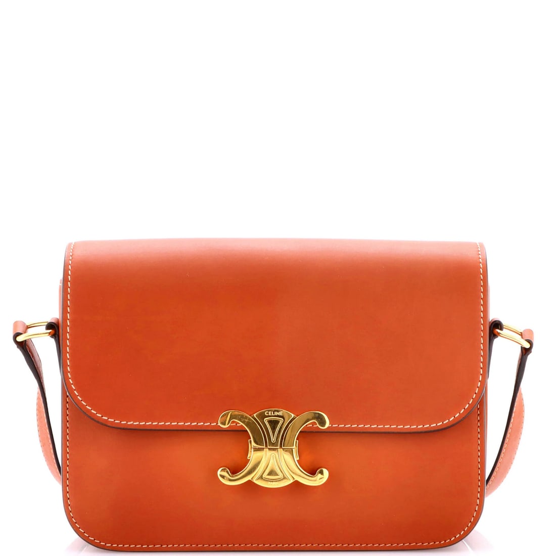 Celine Triomphe Large Smooth Calfskin Shoulder Bag: Celine Triomphe Large Smooth Calfskin Shoulder Bag The Celine Triomphe Large Smooth Calfskin Shoulder Bag is a timeless masterpiece of luxury design, boasting rich brown leather and sleek gold