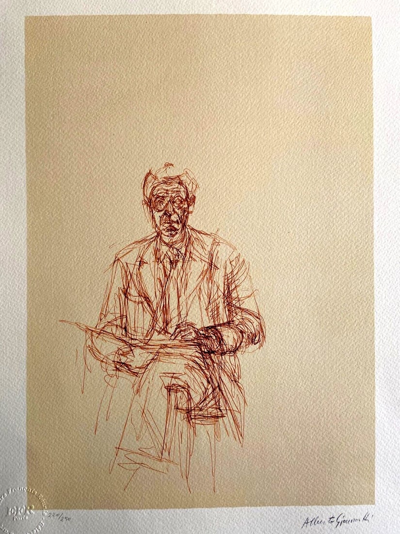 Alberto Giacometti Lithograph Self-Portrait (Op #): Alberto Giacometti Lithograph Self-Portrait (Op #) Experience the unique elegance of Alberto Giacometti's self-portrait, created in 1961 and signed by the artist on the slab. This rare lithograph is p