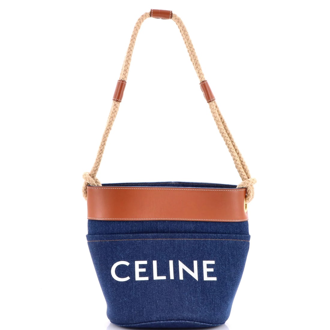 Celine Small Denim Rope Bucket Bag: Celine Small Denim Rope Bucket Bag The Celine Small Denim Rope Bucket Bag is a chic and versatile accessory that combines distressed denim with sleek gold hardware. Its rope handle adds an edgy touch