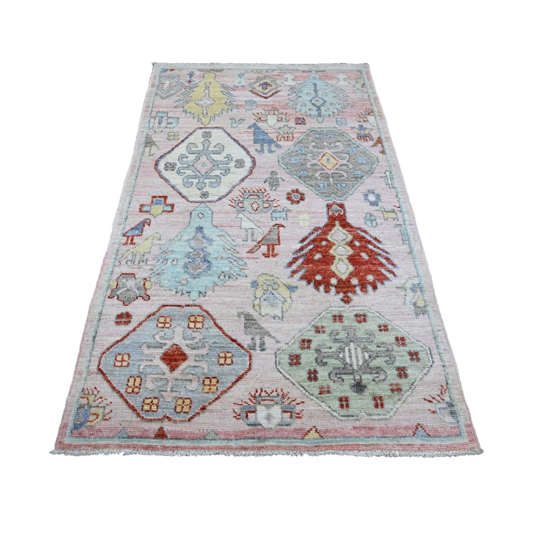 Rug 4'x6'2" Crepe Pink Anatolian Village Inspired Pure Wool Hand Knotted: Rug 4'x6'2" Crepe Pink Anatolian Village Inspired Pure Wool Hand Knotted Experience the rich cultural heritage of Afghanistan with this stunning 4'x6'2" Crepe Pink Anatolian Village Inspired Pure