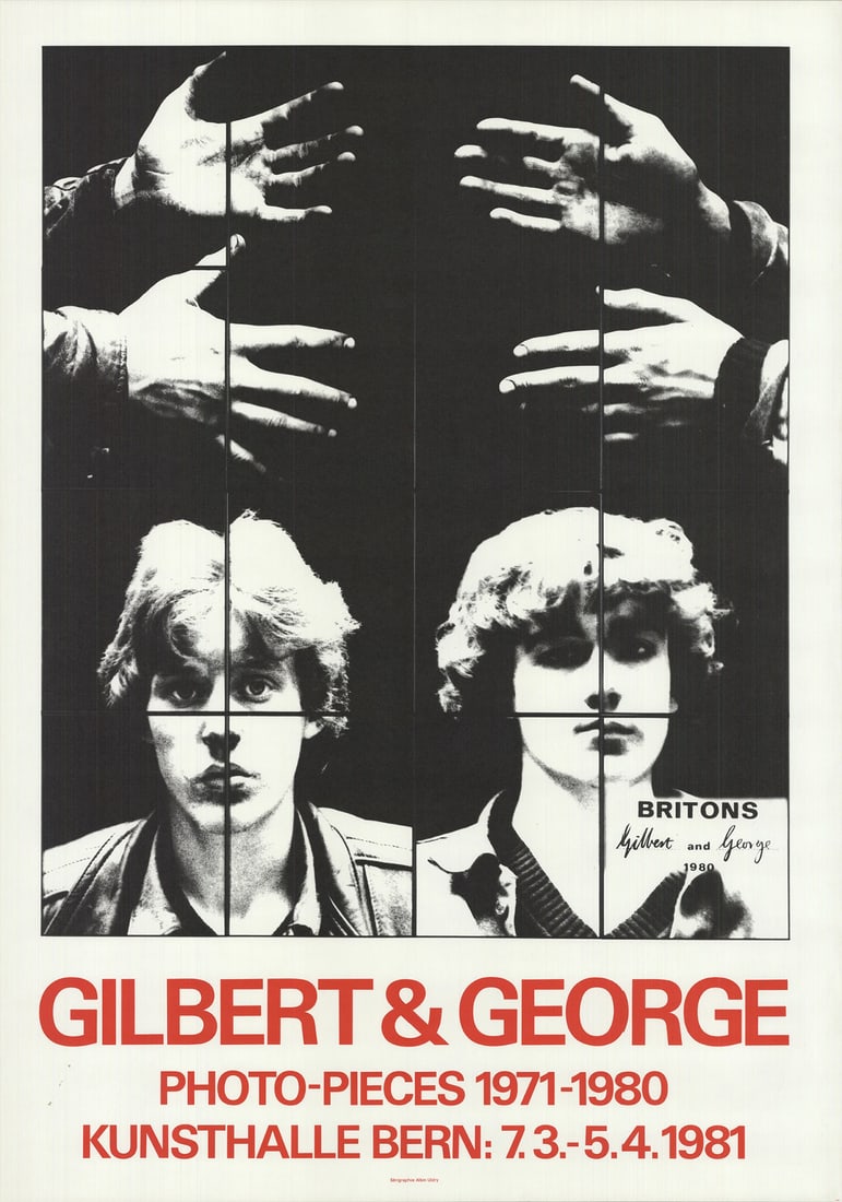 Con GILBERT & GEORGE Photo-Pieces 1971-1980 39.5" x 27.5" Offset Lithograph 1981: Con GILBERT & GEORGE Photo-Pieces 1971-1980 39.5" x 27.5" Offset Lithograph 1981 A rare and iconic print from the renowned British duo Gilbert & George, 'Photo-Pieces 1971-1980' is a striking offset