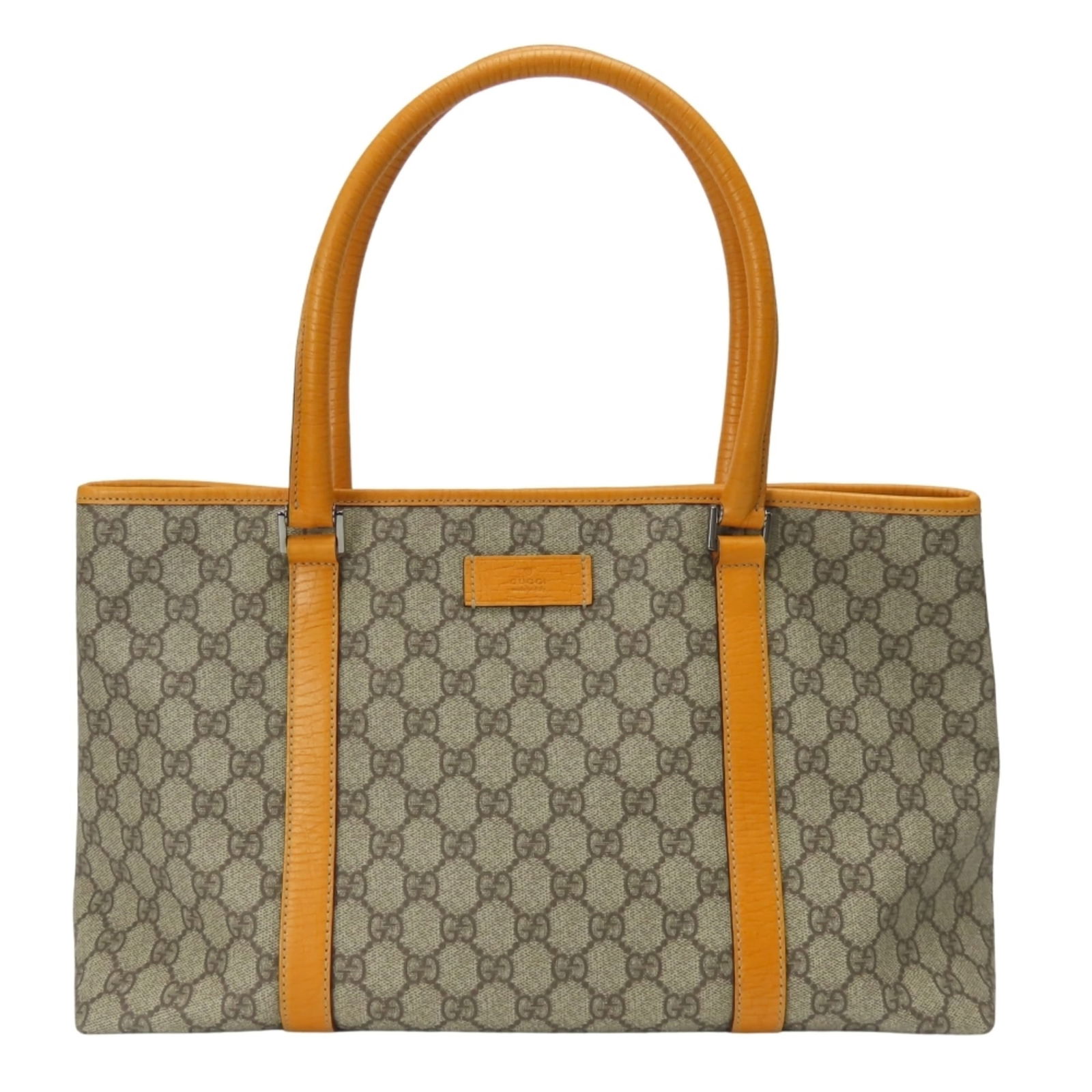 Leather - Gucci Tote Bag Gg Supreme - Canvas: Leather - Gucci Tote Bag Gg Supreme - Canvas A pre-owned Gucci tote bag in a unique canvas and leather combination, the Gg Supreme style boasts a timeless beige and orange color scheme that exudes